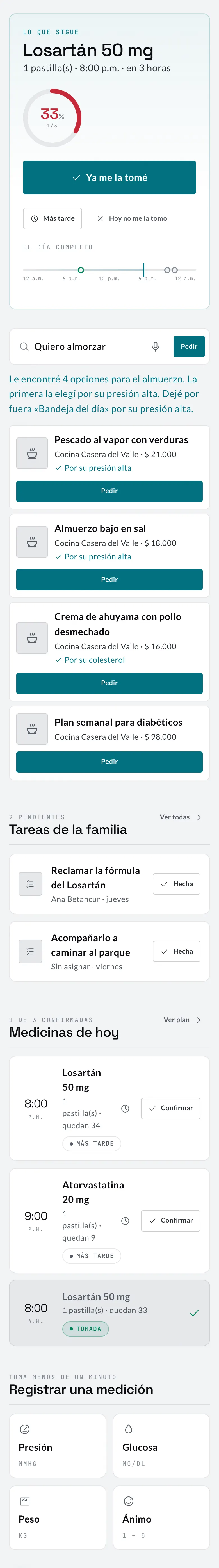 Pantalla de Savia tras decir «Quiero almorzar». Savia propone almuerzos de negocios cercanos y deja por fuera lo que no va con su presión.