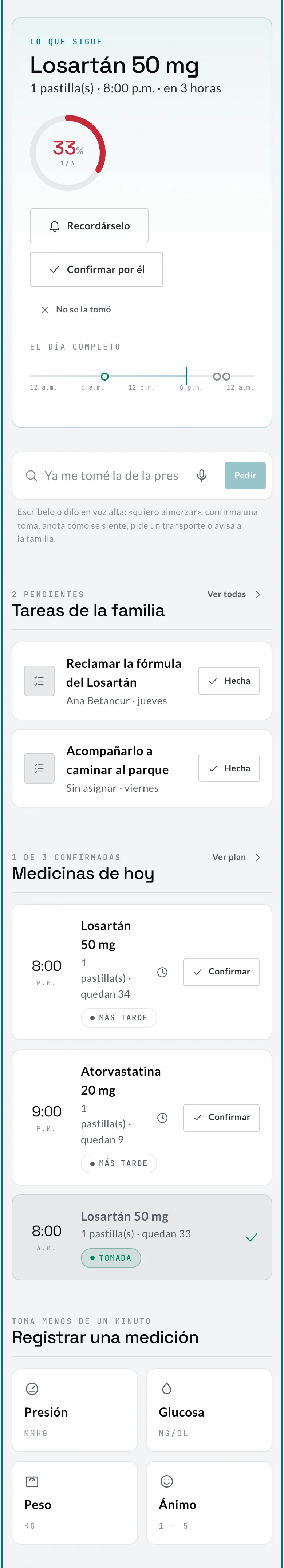 Pantalla de Savia vista por la hija: la medicina que sigue de su papá, con los botones Recordárselo y Confirmar por él.