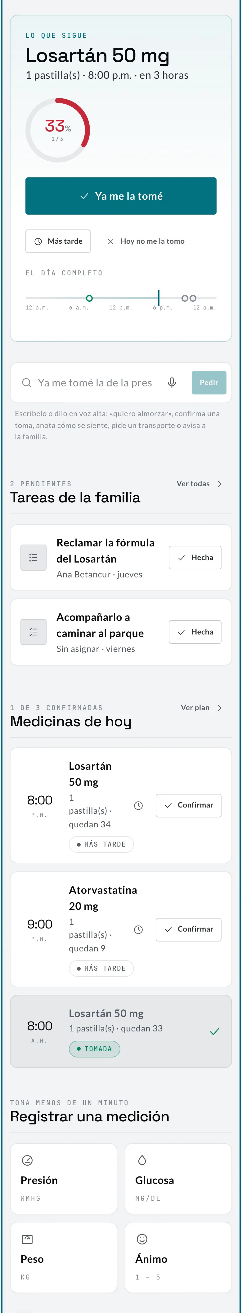 Pantalla de Savia tras decir «¿Qué me toca tomar?». La medicina que sigue, a qué hora y cuántas lleva hoy.